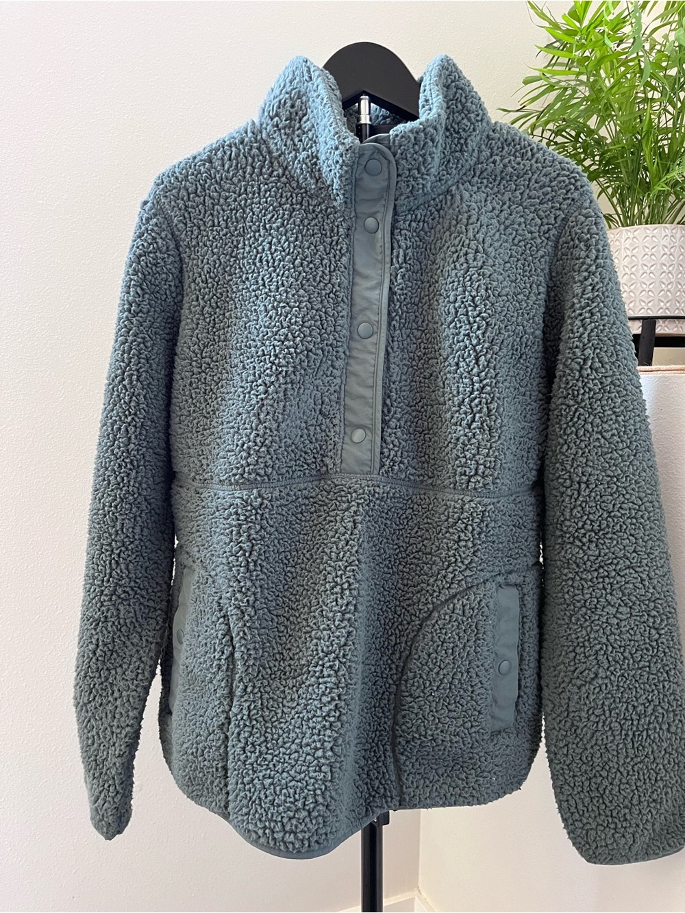 Cozy Fleece Snap Pullover Jacket in Dusty Grey/Teal